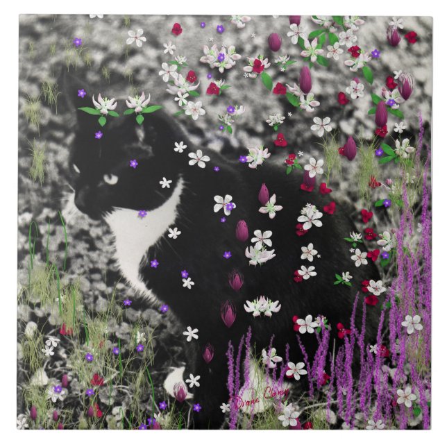 Azulejo Pecas en flores I - gatito blanco negro del (Frente)