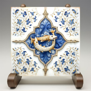 Azulejo Peces dorados azules y blancos con roleos medieval