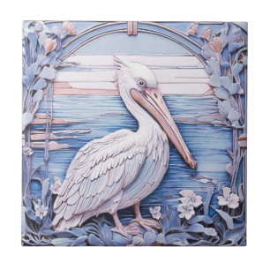 Azulejo Pelican Bird Art Nouveau Faux Relief R Ocean Blue