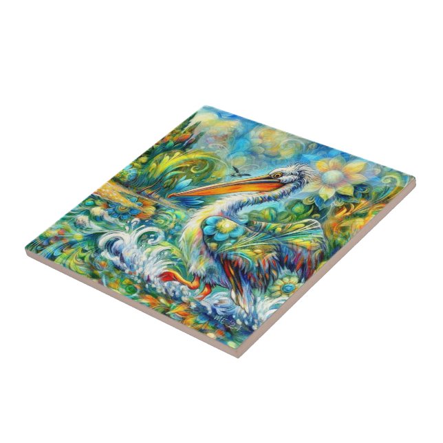 Azulejo Pelican en el amarillo azul floral de Wonderland (Lado)