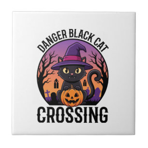 Azulejo Peligro de Halloween Gato Negro Cruzando
