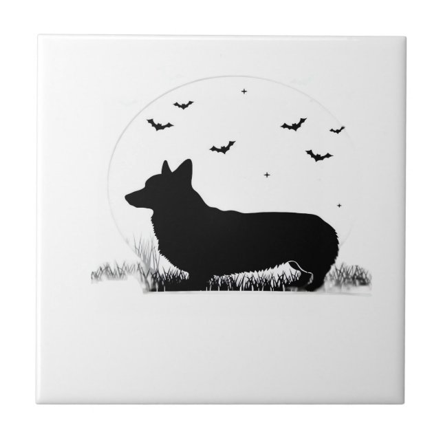 Azulejo Pembroke Welsh Corgi Perro ? Halloween Luna Siluet (Frente)