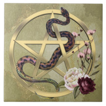 Pentáculo dorado y serpiente con Rosas Altar pagan