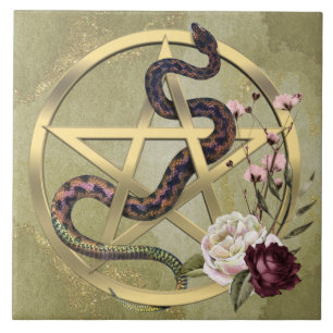 Azulejo Pentáculo dorado y serpiente con Rosas Altar pagan