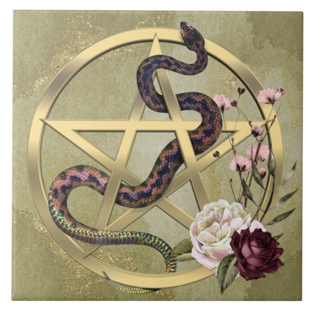 Azulejo Pentáculo dorado y serpiente con Rosas Altar pagan (Frente)