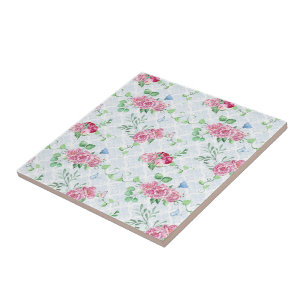 Azulejo peonía acuática, acuarela de mariposa