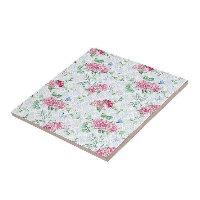 Azulejo peonía acuática, acuarela de mariposa (Lado)