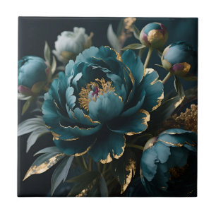 Azulejo Peonía Azul Teal Oro Luxe Floral Botánica