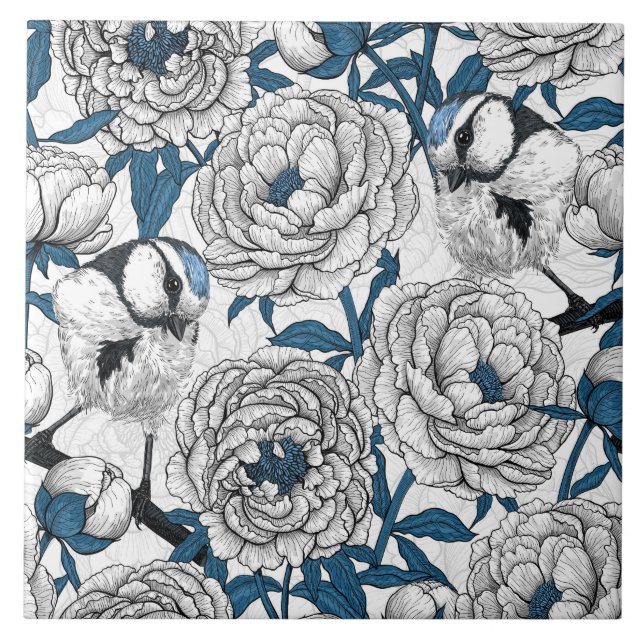 Azulejo peonías blancas y aves de teta azul (Frente)