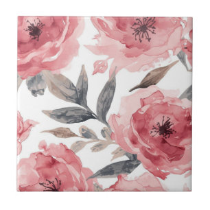 Azulejo Peonías rosadas acuarela floral botánico pintado