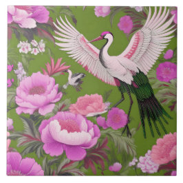 Azulejo peonías y grullas púrpura en la Chinoiserie verde 