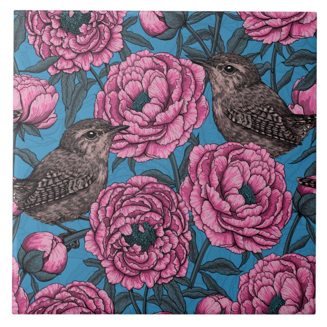 Azulejo Peonies and wrens on blue (Frente)