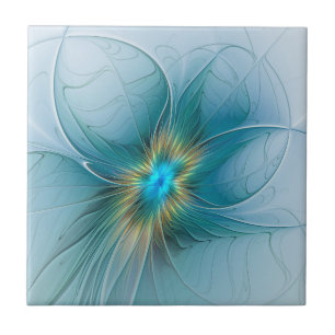 Azulejo Pequeña belleza arte fractal moderno azul oro Flor