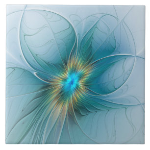 Azulejo Pequeña belleza arte fractal moderno azul oro Flor