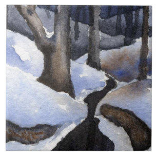 Azulejo Pequeño arroyo en invierno con nieve en las aguas
