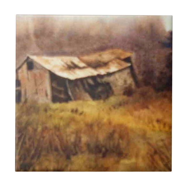 Azulejo Pequeño cobertizo abandonado en el campo de otoño (Frente)