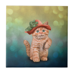 Azulejo Pequeño gatito rayado divertido en un gorra grand