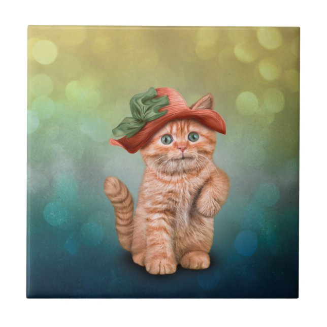 Azulejo Pequeño gatito rayado divertido en un gorra grande (Frente)