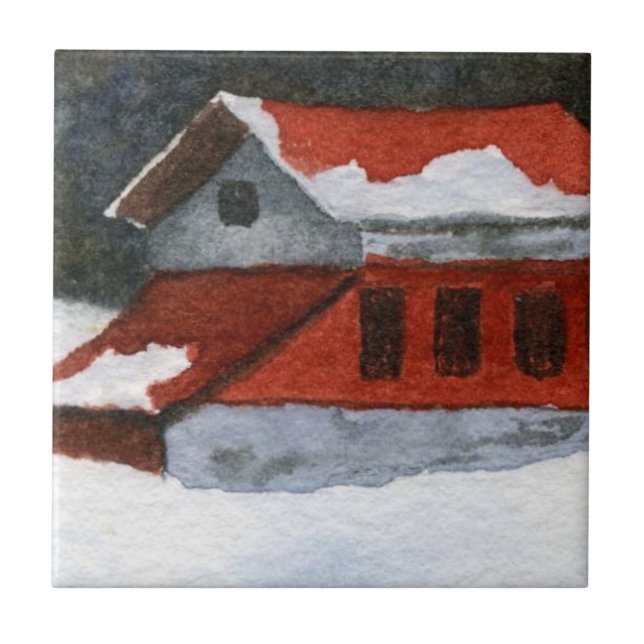 Azulejo Pequeño granero de invierno de rayas rojas con nie (Frente)