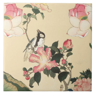 AZULEJO PEQUEÑO PÁJARO CON ROSAS ROSADAS Y FLORES DE LOTUS