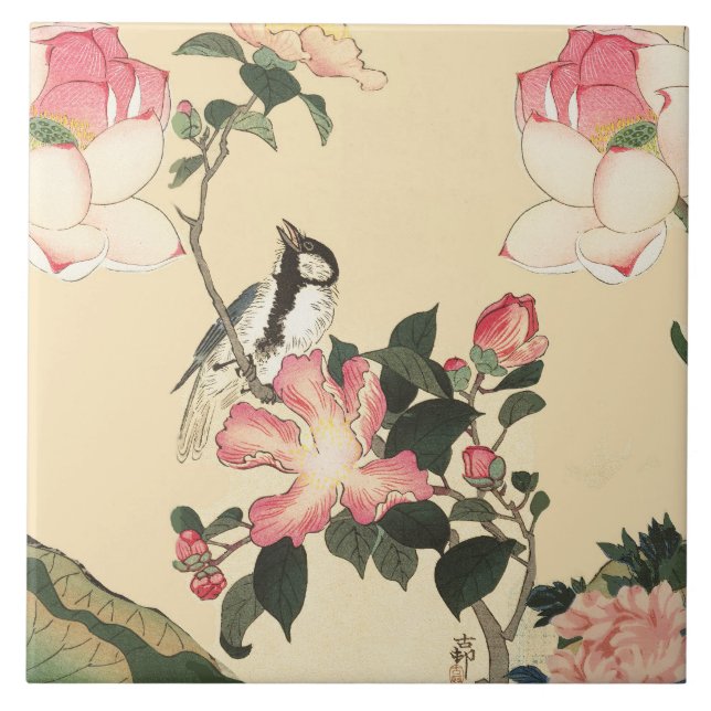AZULEJO PEQUEÑO PÁJARO CON ROSAS ROSADAS Y FLORES DE LOTUS (Frente)