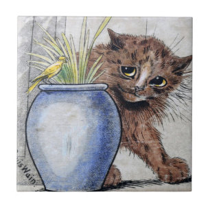 Azulejo Pequeño pájaro gato y amarillo, Louis Wain