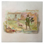 Azulejo Peregrinos de época con cena de Acción de Gracias<br><div class="desc">Encantadora escena doméstica vintage con un padre peregrino tras una exitosa cacería de pavos. La zona de estar está decorada con una mesa y una cocina tradicional de Acción de Gracias.</div>
