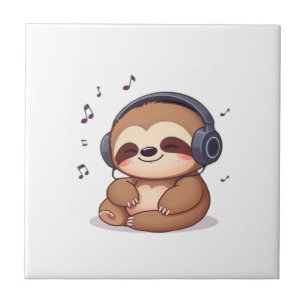 Azulejo Perezoso Chibi con Auriculares � Ilustración Relaj
