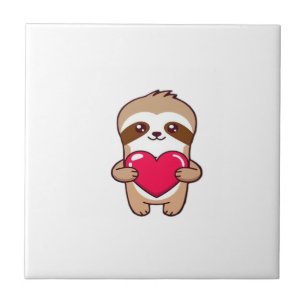 Azulejo Perezoso Chibi Kawaii Abrazando Corazón � Adorable