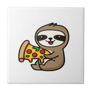 Azulejo Perezoso Chibi Kawaii Divertido con Pizza � Dibujo