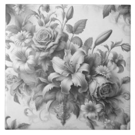 Azulejo Perfección floral de antigüedades en blanco y negr