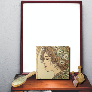 Azulejo Perfil femenino sereno con flores de primavera