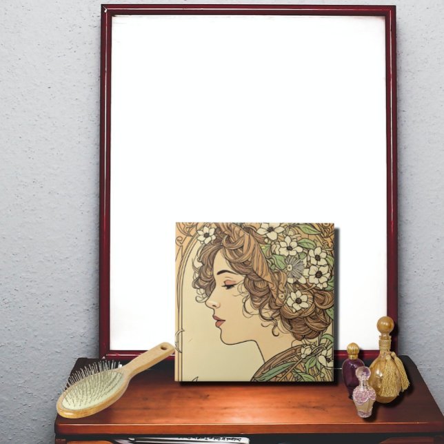 Azulejo Perfil femenino sereno con flores de primavera (Subido por el creador)