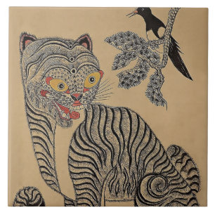 Azulejo Pergamino vintage de Minhwa coreano con Tigre