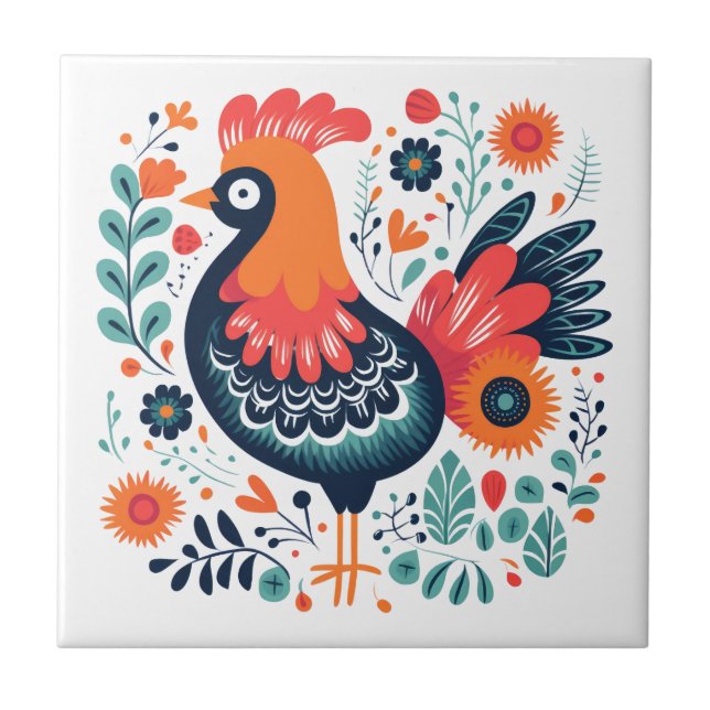 Azulejo Perky Rooster Scandinavian Folk Art (Frente)