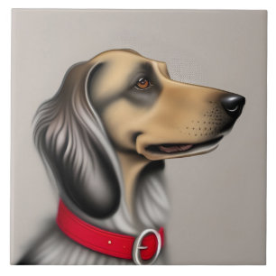 Azulejo Perro agraciado con collar rojo posado de lado