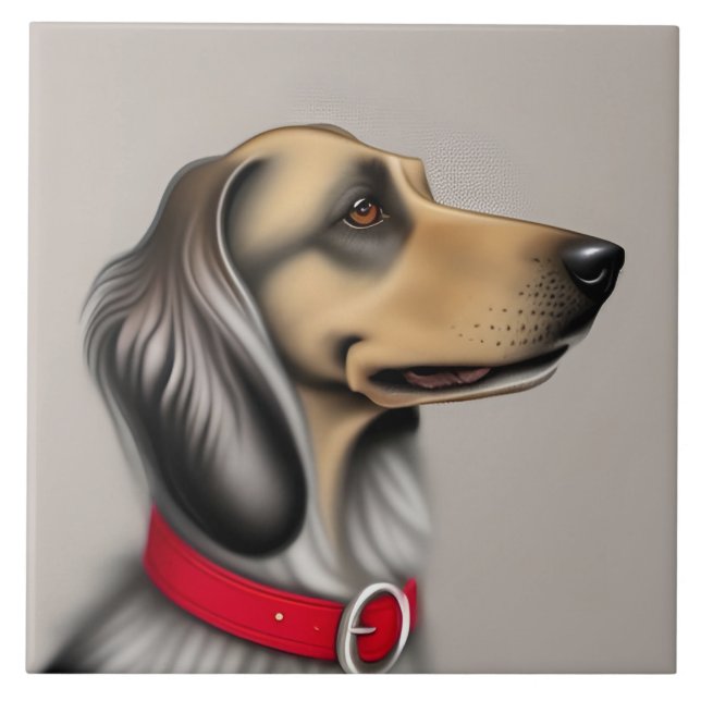 Azulejo Perro agraciado con collar rojo posado de lado (Frente)