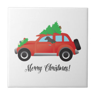 Azulejo Perro andulado afgano - auto con árbol de Navidad
