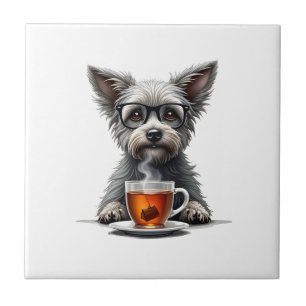 Azulejo Perro Antiguo Sosteniendo Té con Gafas Mascota Ret