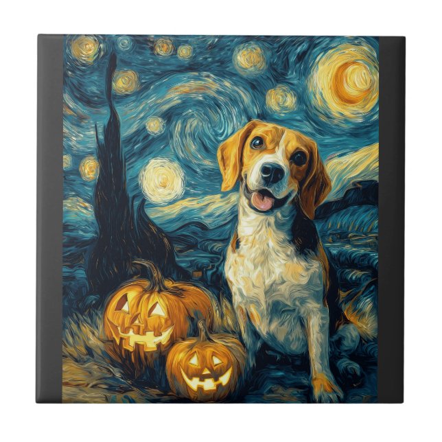 Azulejo Perro beagle lindo de Halloween Jack O Lantern Cal (Frente)