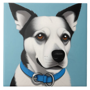 Azulejo Perro Blanco y Negro con Collar Azul