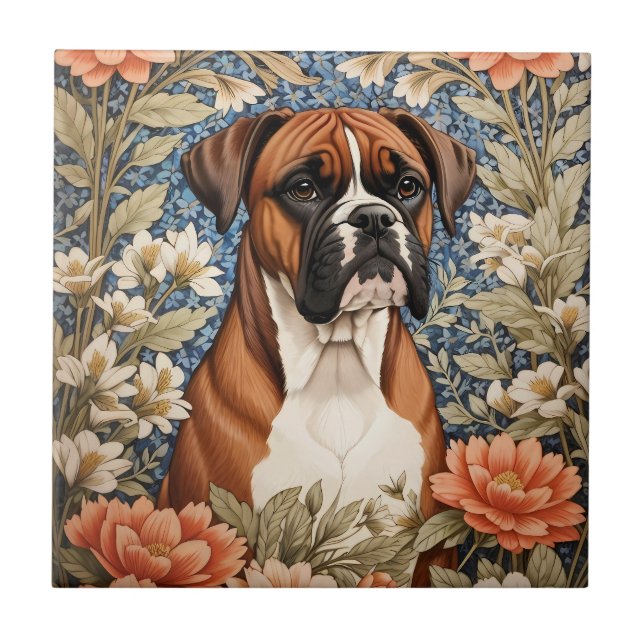 Azulejo Perro Boxer Elegante Inspirado en William Morris  (Frente)