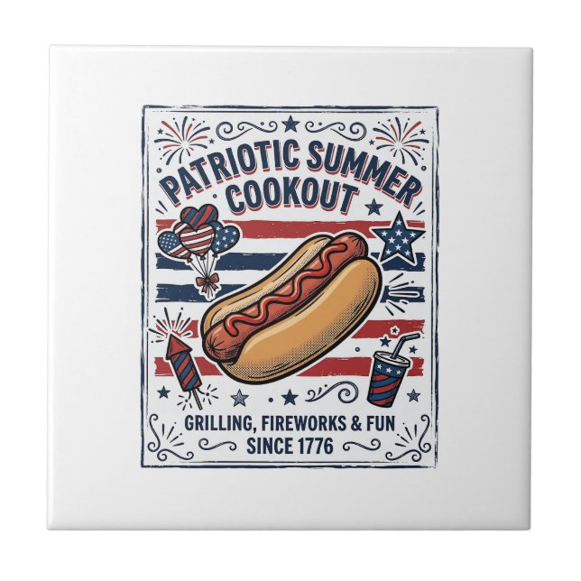 Azulejo Perro caliente patriótico vintage parrillada (Frente)