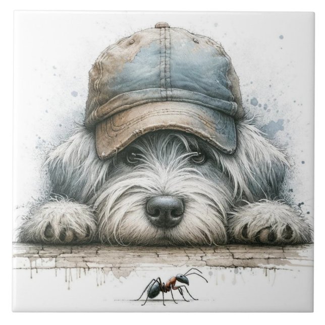 Azulejo Perro caprichoso mirando a una araña (Frente)