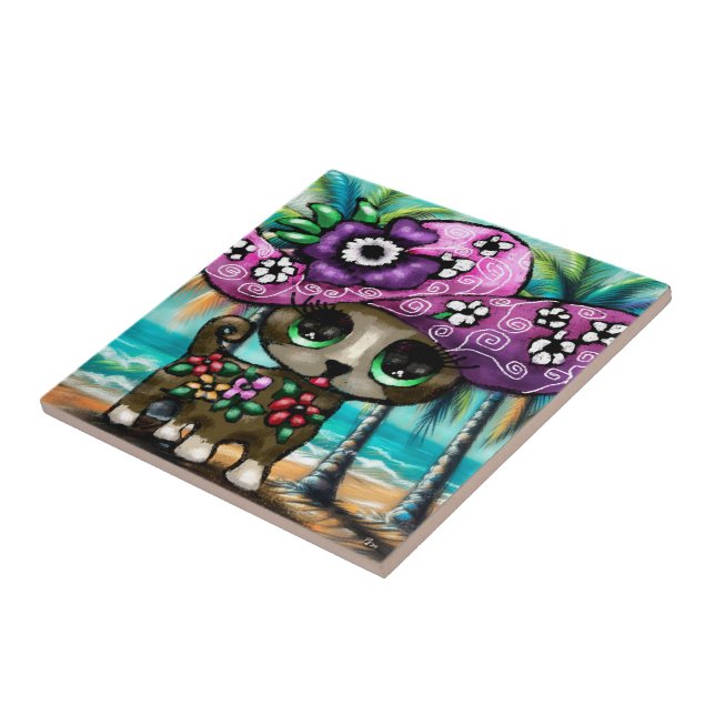 Azulejo Perro chihuahua caprichoso en palmeras de vacacion (Lado)