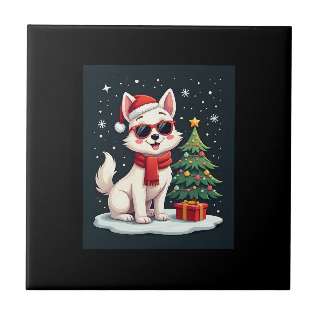Azulejo Perro de Gafas de Sol Divertidas Navideñas con Árb (Frente)
