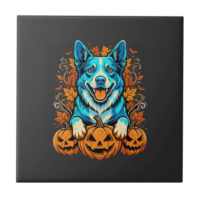 Azulejo Perro de Halloween con calabazas de Jack O Lantern (Frente)