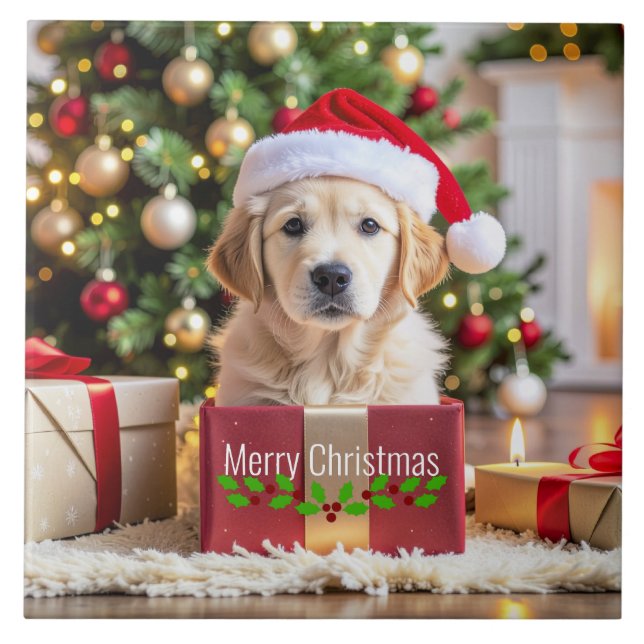 Azulejo Perro de Navidad Retriever Dorado (Frente)