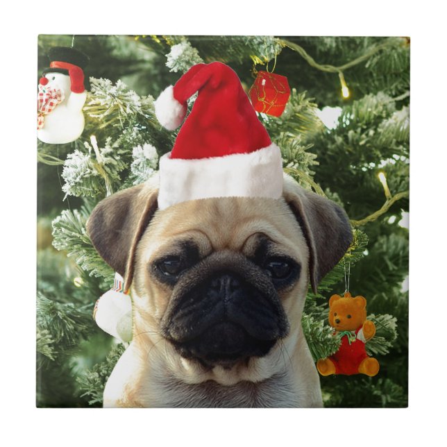 Azulejo Perro de pug cachorro árbol de Navidad Ornamentos  (Frente)