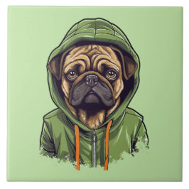 Azulejo Perro de Pug con capucha verde